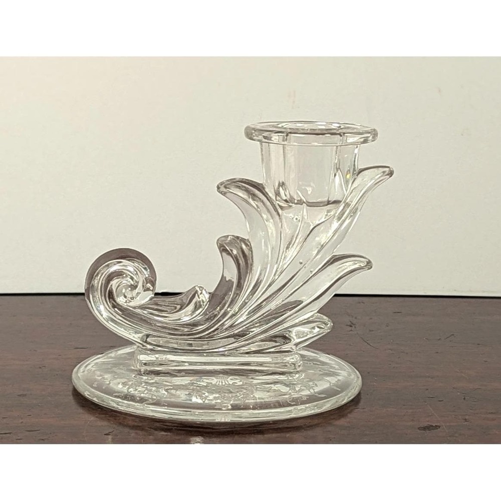 Vintage Clear Glass Cornucopia Candlestick Etched Floral UV Reactive Glows 4.25"
